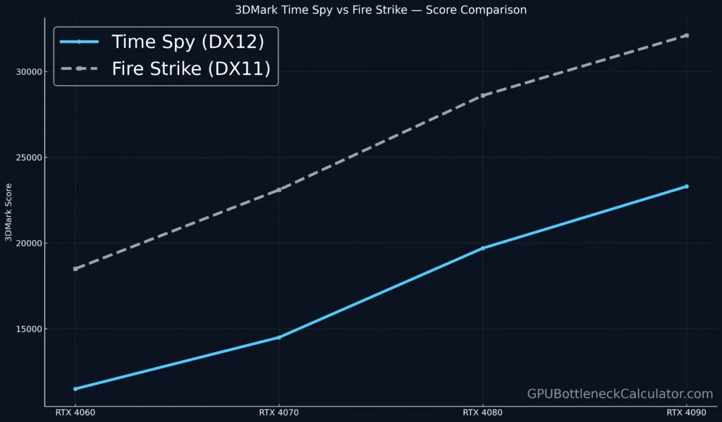 3dmark gpu benchmark score comparison chart for time spy and fire strike tests displaying graphics benchmark performance of RTX 4060 4070 4080 and 4090 video cards.