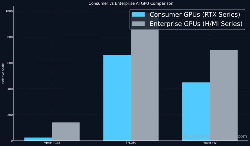 consumer vs enterprise ai gpu comparison chart showing vram tflops and power usage differences between rtx series and nvidia h200 or amd mi300x ai graphics cards 2026.