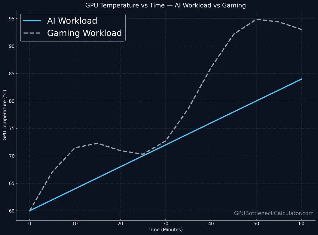gpu temperature vs time chart comparing ai workload and gaming workload thermal throttling behavior showing sustained heat buildup in ai workloads and fluctuating gpu temperatures in gaming workloads.