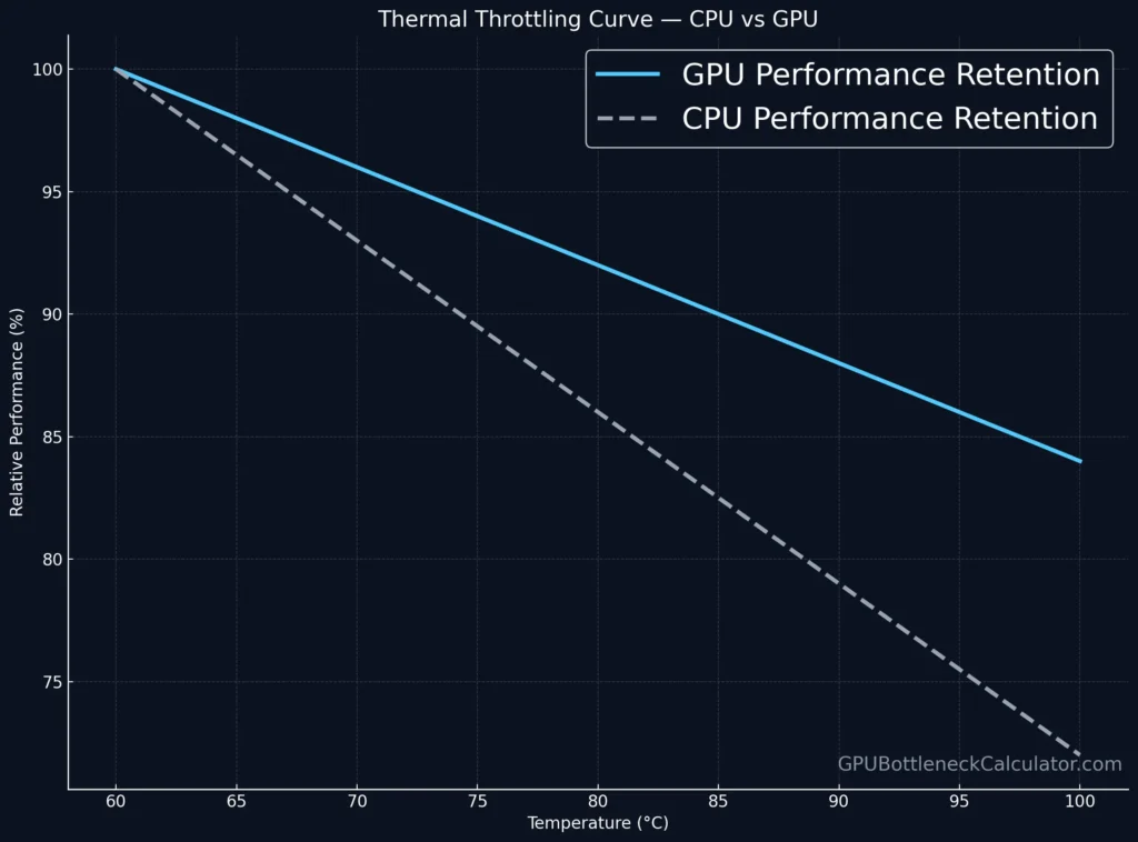 cpu vs gpu thermal throttling curve graph showing how cpu performance drops faster than gpu performance as temperature increases from 60 to 100 degrees celsius during ai and gaming workloads.