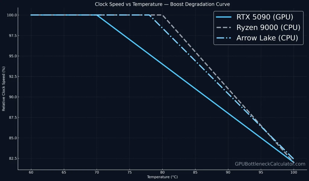 clock speed vs temperature curve for rtx 5090 ryzen 9000 and arrow lake showing boost frequency degradation as thermal limits are reached