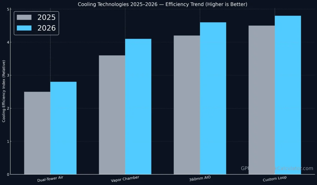 cooling technologies 2025 to 2026 efficiency trend chart comparing dual tower air vapor chamber 360mm aio and custom loop for next-gen hardware