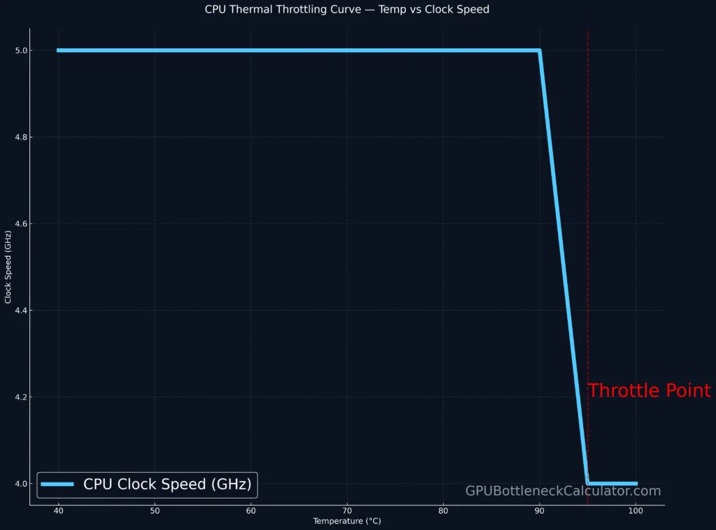 CPU thermal throttling curve – temperature vs clock speed chart showing CPU frequency drop above 90°C in gaming and productivity benchmarks.