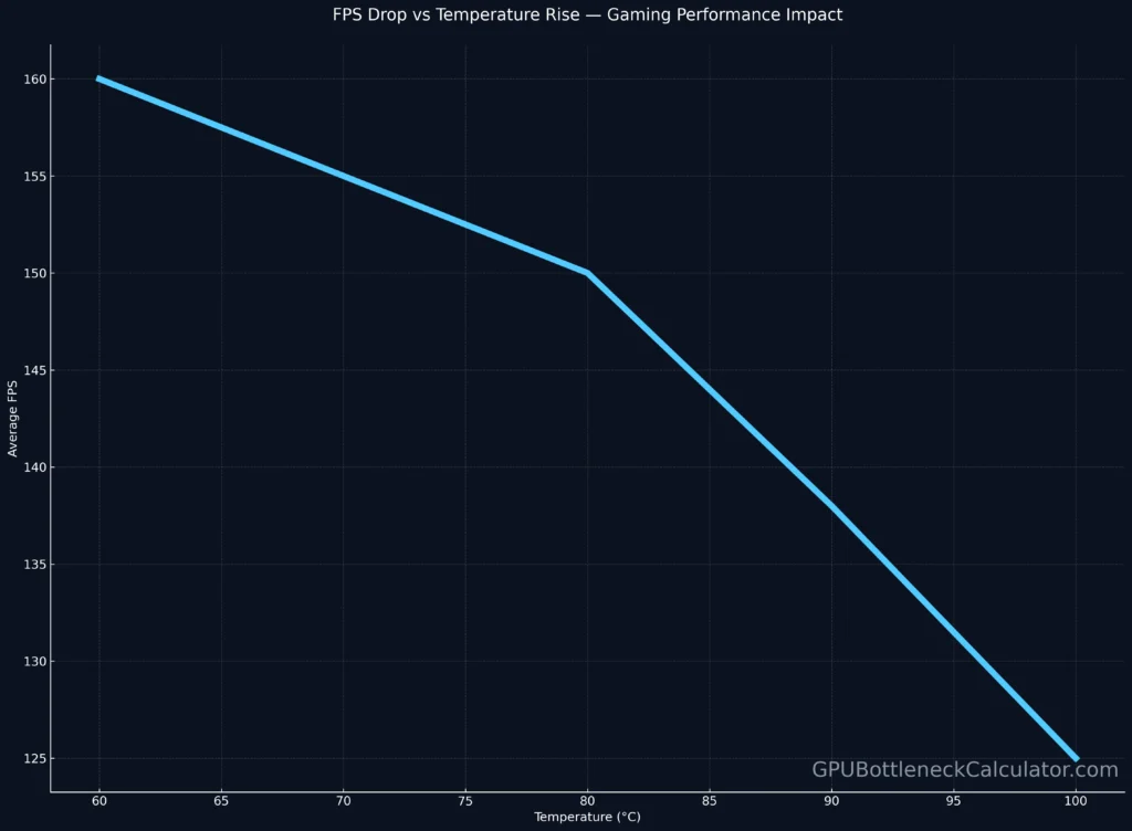 FPS drop vs temperature rise chart – how thermal throttling lowers gaming frame rate as heat builds up in CPU and GPU.