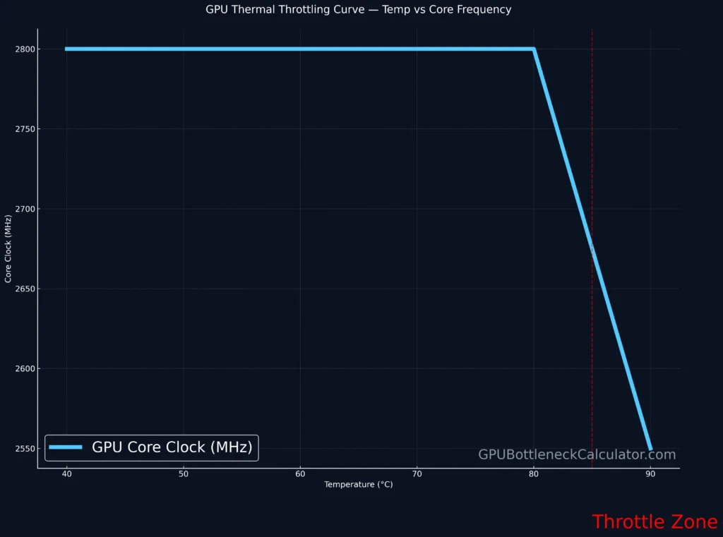 GPU temperature range vs core frequency graph showing gradual GPU thermal throttling above 80°C leading to reduced FPS and boost clock drops.
