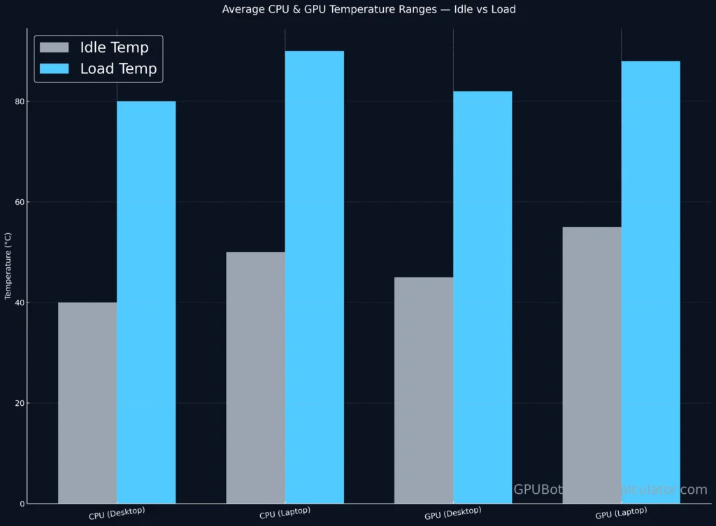 Average CPU and GPU temperature chart – idle vs load comparison for desktops and laptops showing optimal thermal operating ranges.