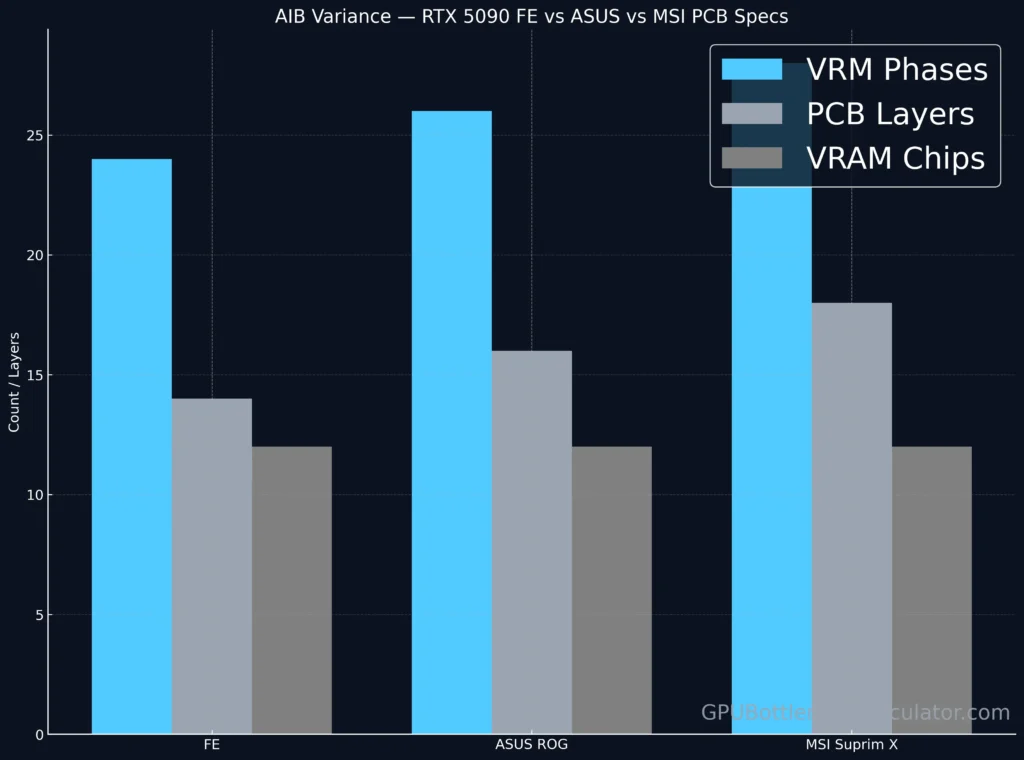Comparison of VRM phases, PCB layers, and VRAM count for RTX 5090 Founders Edition, ASUS ROG, and MSI Suprim X.