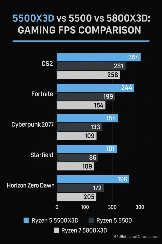 Infographic comparing gaming FPS benchmarks of AMD Ryzen 5 5500X3D, Ryzen 5 5500, and Ryzen 7 5800X3D in CS2, Fortnite, Cyberpunk 2077, Starfield, and Horizon Zero Dawn, showing significantly higher performance from the 5500X3D.