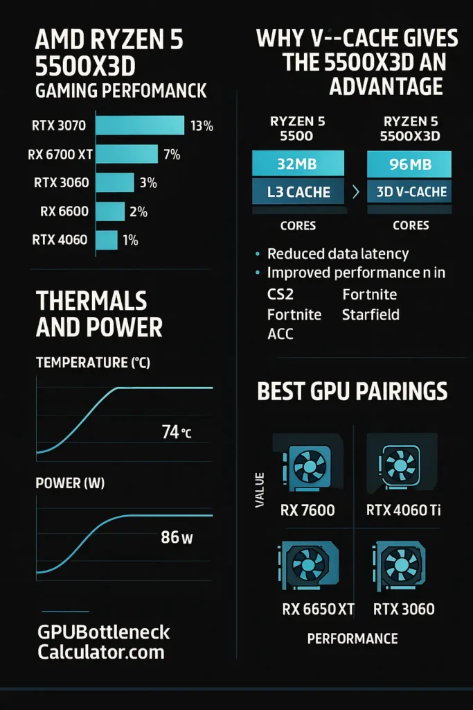 Composite infographic featuring AMD Ryzen 5 5500X3D gaming benchmarks, bottleneck percentages with GPUs like RTX 3070 and RX 6700 XT, 3D V-Cache advantages over Ryzen 5 5500, thermal and power graphs, and best GPU pairings including RX 7600 and RTX 4060 Ti.