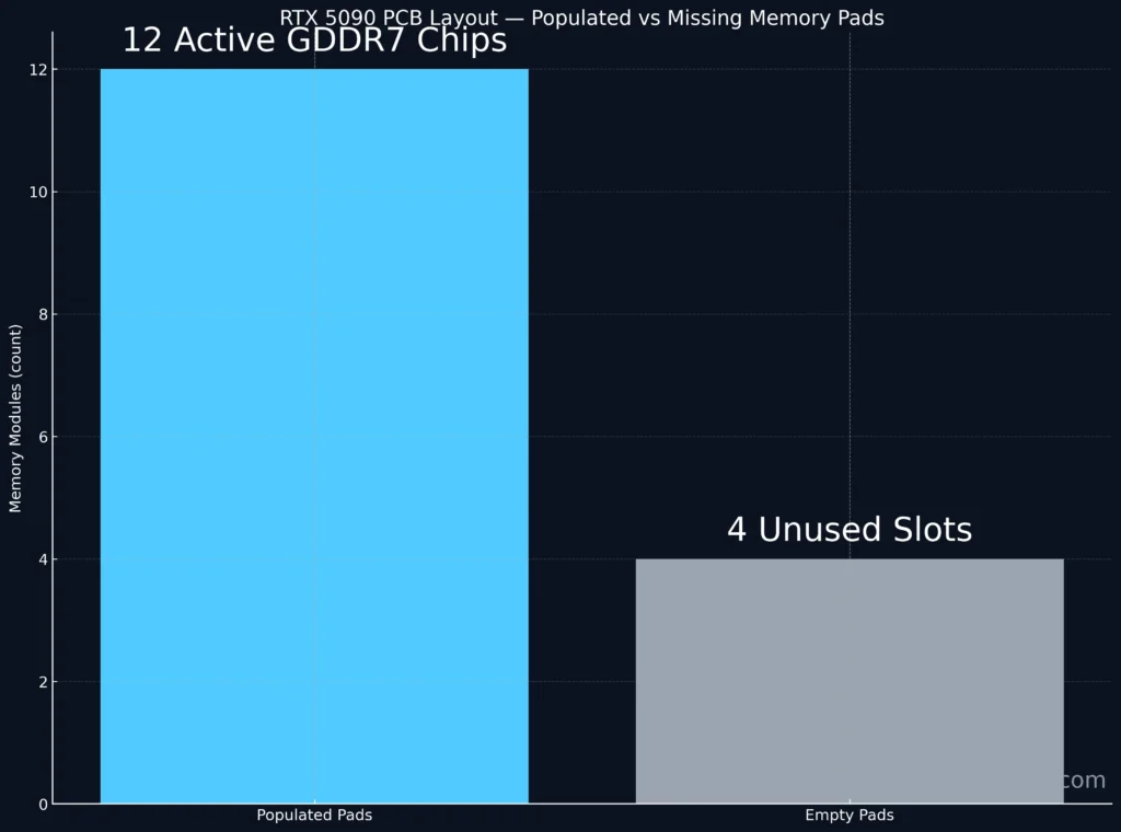 RTX 5090 PCB layout comparison showing 12 populated GDDR7 modules and 4 unpopulated memory pads.