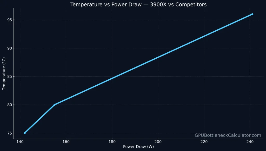 Line chart showing CPU temperature rise relative to power consumption for Ryzen 9 3900X, 5900X, and Core i9-12900K.