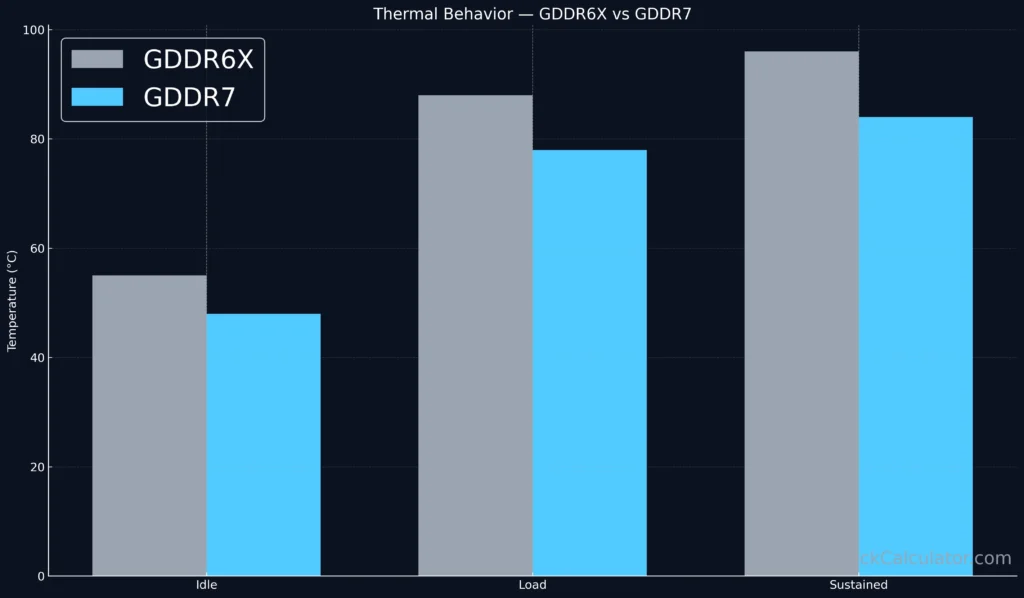 Bar chart comparing GDDR6X and GDDR7 temperatures during idle, load, and sustained performance.