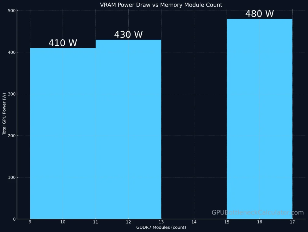 Bar graph showing GPU power rise from 410 W to 480 W as GDDR7 module count increases.