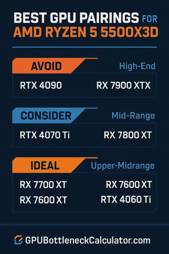 Infographic showing best GPU pairings for AMD Ryzen 5 5500X3D, separated into Avoid, Consider, and Ideal categories, comparing RTX 4090, RX 7900 XTX, RTX 4070 Ti, RX 7800 XT, RX 7700 XT, RX 7600 XT, and RTX 4060 Ti.