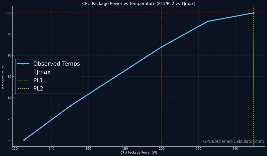 Line chart showing CPU package power versus temperature with PL1, PL2, and TJmax thresholds marked.