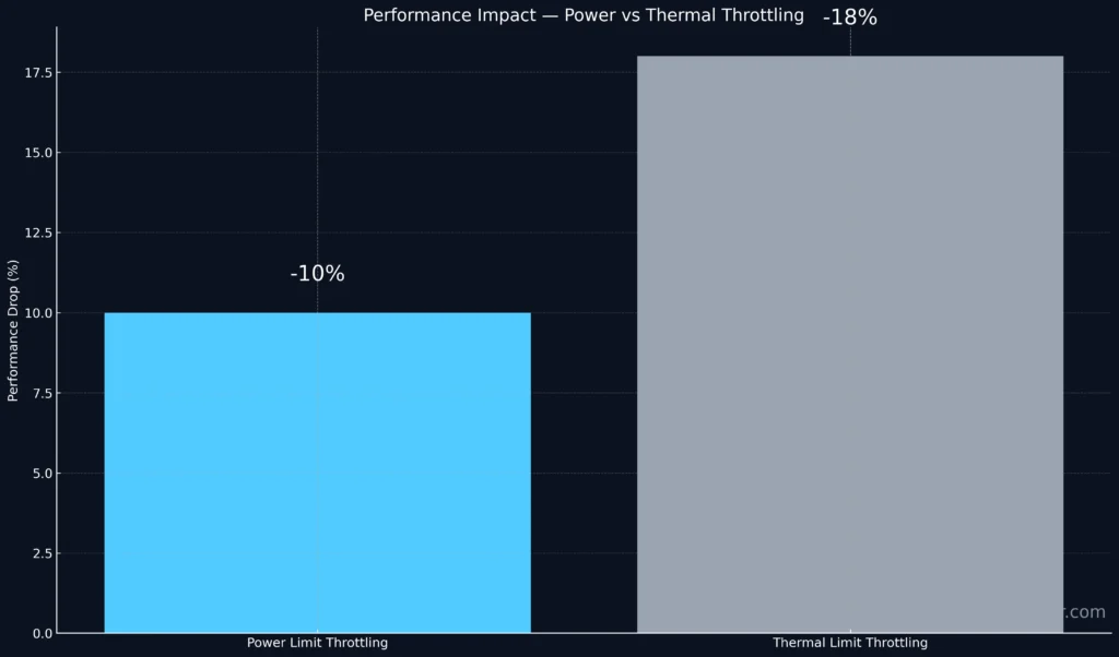 Bar chart comparing gaming performance drop percentage from power limit throttling versus thermal throttling.